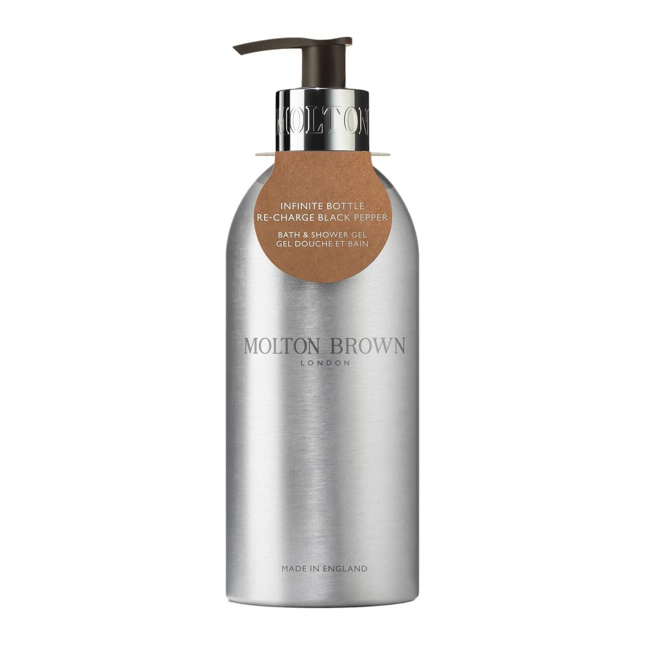 Silberfarbene Flasche mit schwarzem Pumpkopf. Aufkleber mit Produktinformationen. Marke Molton Brown.