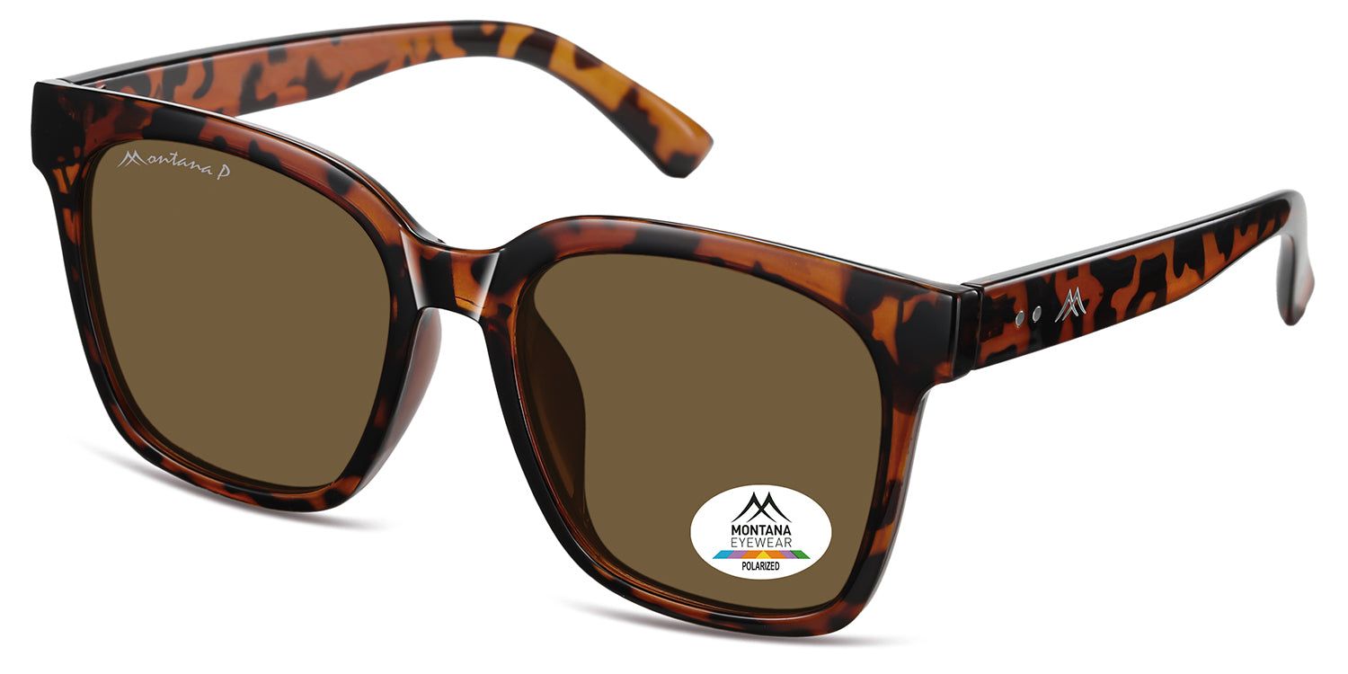 Sonnenbrille mit braunen Gläsern und braun-schwarzem Rahmen. Montana Eyewear Logo auf dem Bügel. Polarisiert-Aufkleber.