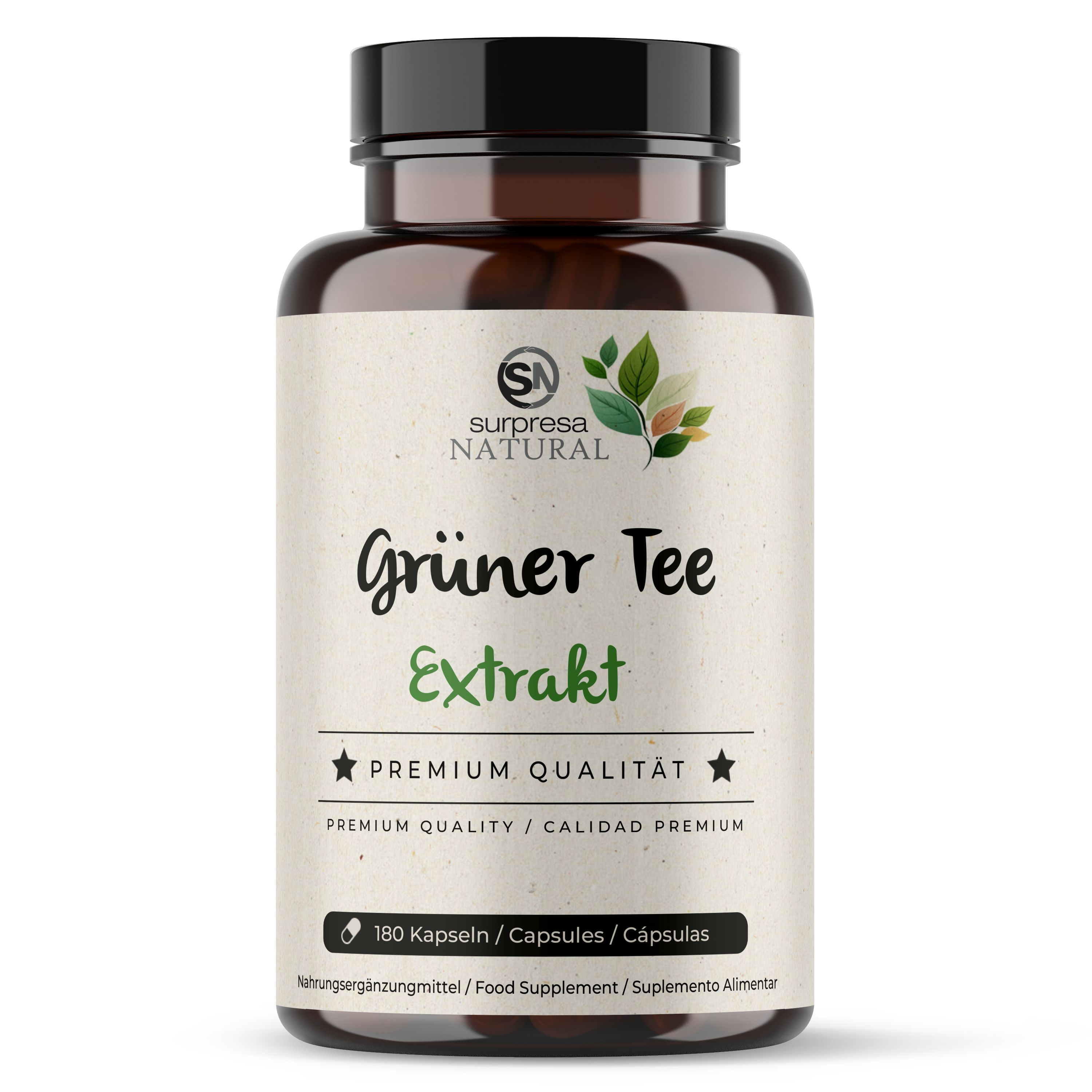 Braune Flasche mit Kapseln. Aufschrift: Grüner Tee Extrakt, Premium Qualität. 180 Kapseln. Marke: Surpresa Natural.