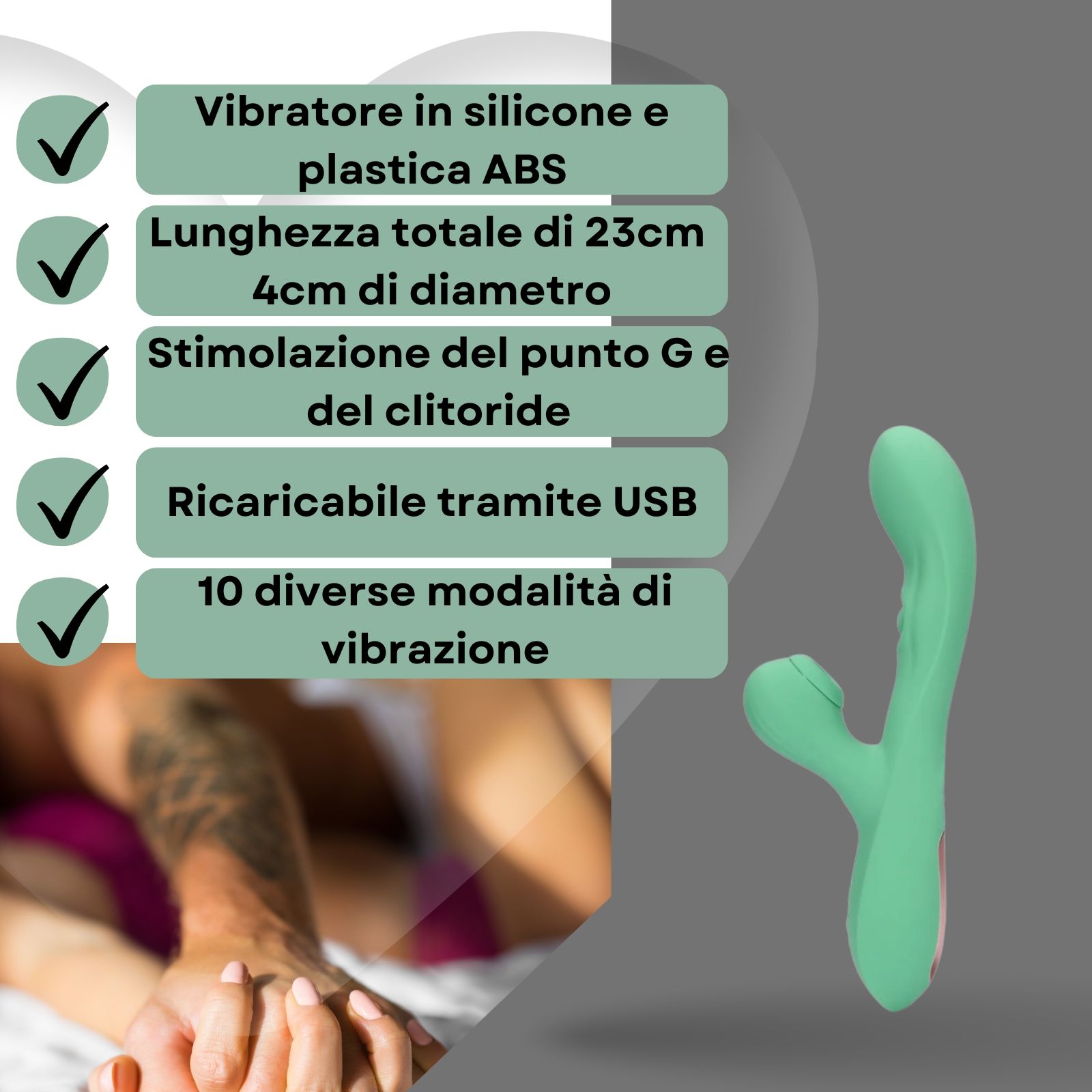 Vibratore verde, testo: Vibratore in silicone e ABS, 23cm lungo, 4cm diametro, stimolazione punto G, ricaricabile USB.