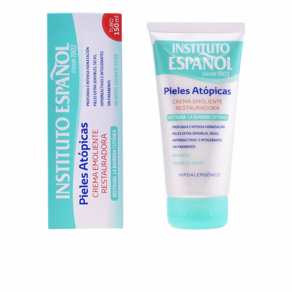 Creme und Verpackung. Tube mit grünem Deckel. Aufschrift: Instituto Español, Pieles Atópicas, Creme Emolliente Restitutiva. 150ml.