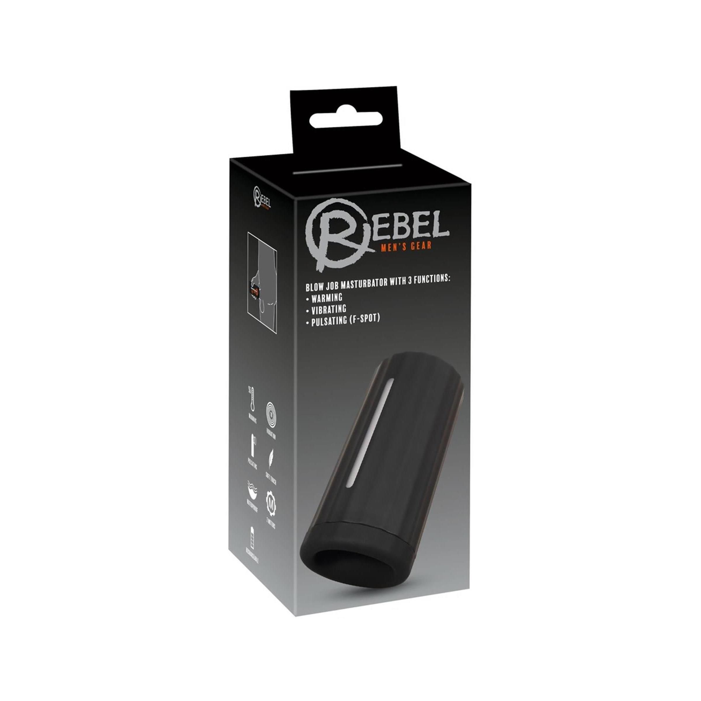 Schwarze Verpackung mit Produktabbildung. Text: REBEL MEN'S CLUB, Blow Job Masturbator mit 3 Funktionen.