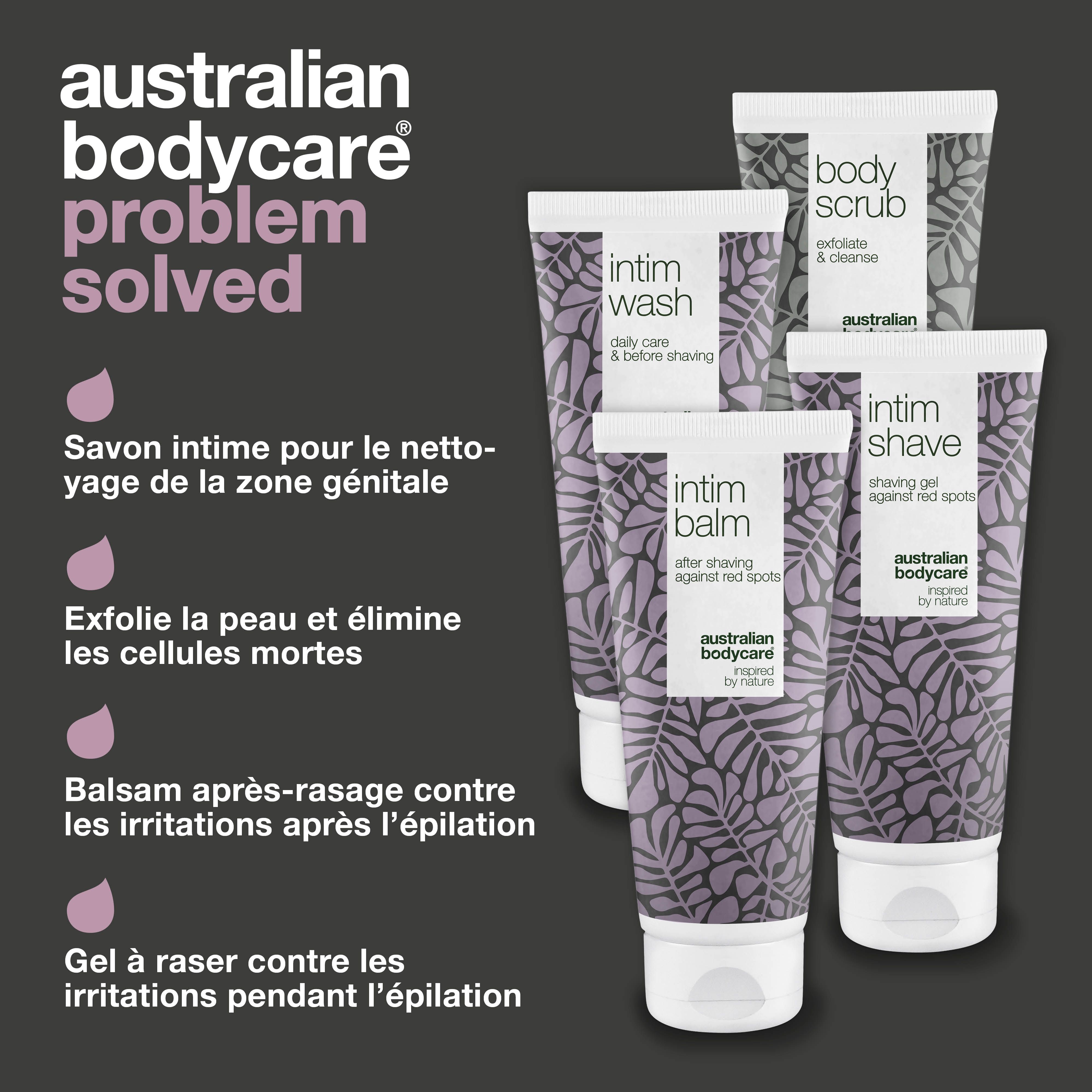 Australian Bodycare : problème résolu. Quatre tubes de soins intimes. Nettoie, rafraîchit, protège. Pour une peau lisse.