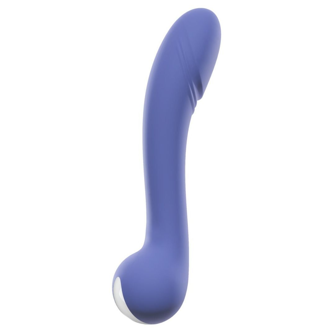 Blau-violetter Vibrator mit geschwungener Form. Unterteil mit weißem Akzent. Glatte Oberfläche.