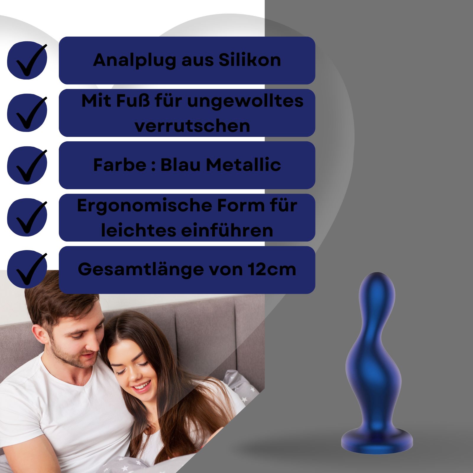 Blauer Analplug aus Silikon mit Fuß, ergonomischer Form und 12 cm Länge. Metallic-Blau.