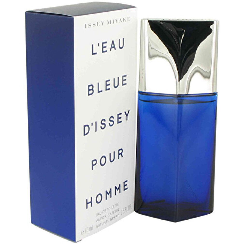 Blauer Flakon mit silberfarbenem Deckel und weiße Schachtel. Auf der Schachtel steht: L'EAU BLEUE D'ISSEY POUR HOMME.