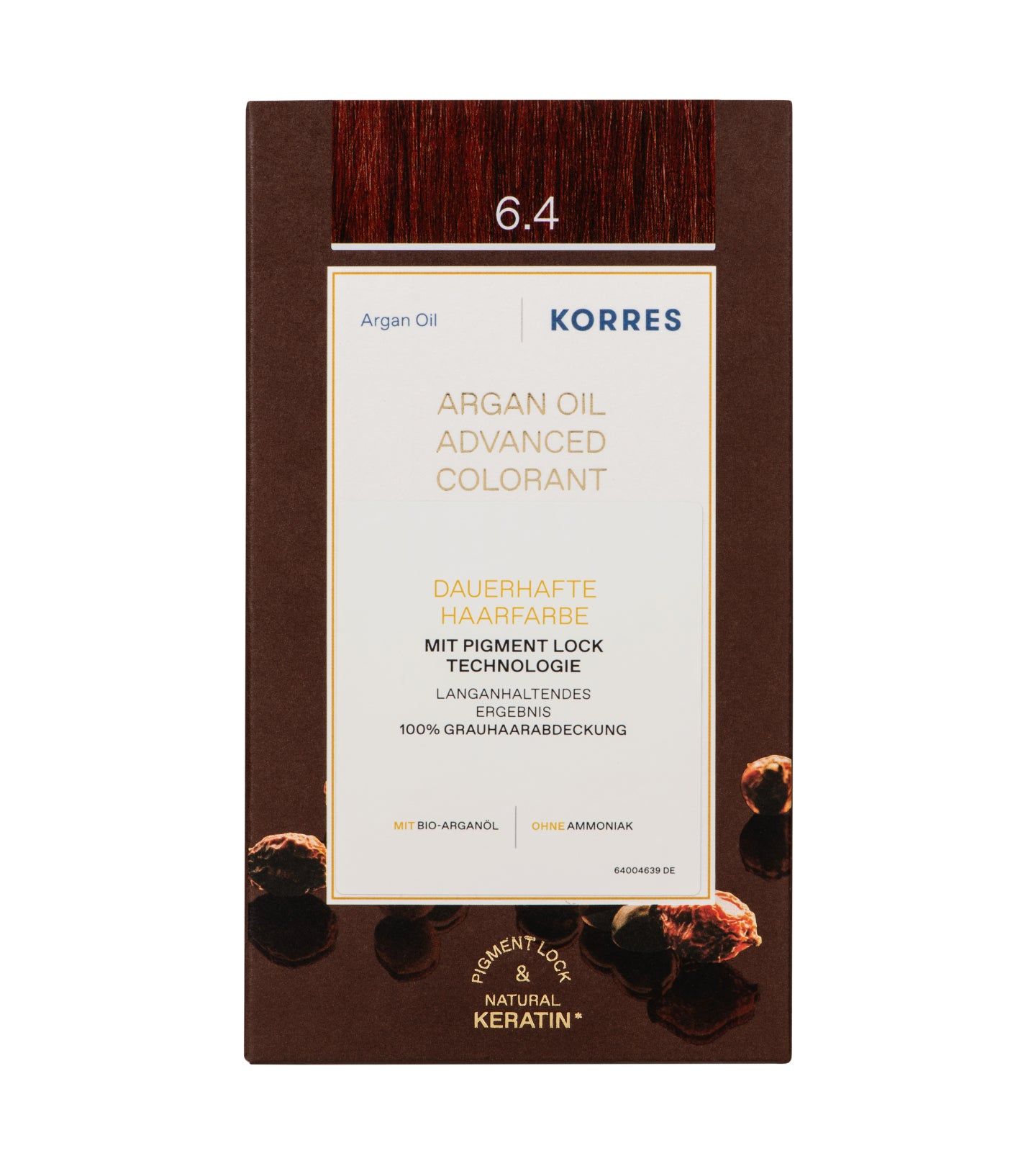 Haarfarben-Box, kupferfarben. Oben: 6.4. Aufschrift: KORRES, Argan Oil, Advanced Colorant, Dauerhafte Haarfarbe.