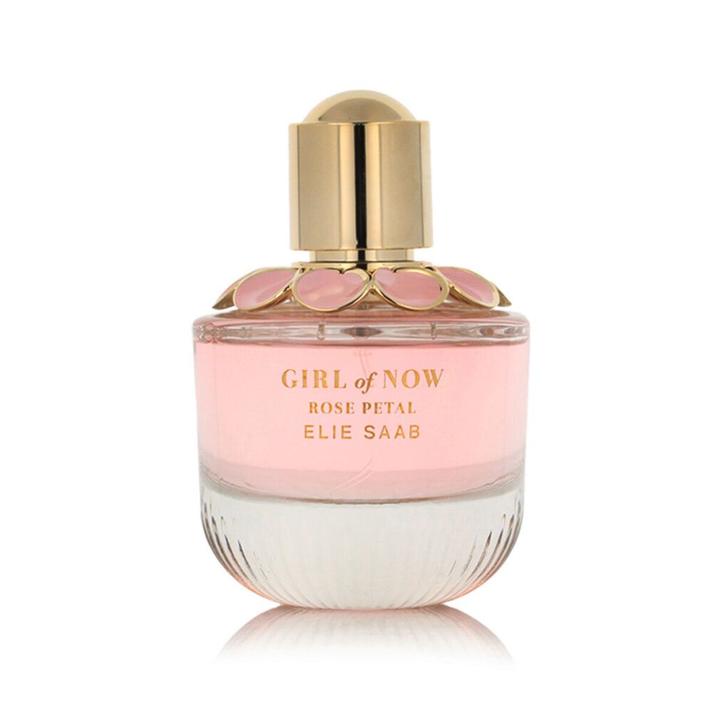 Elie Saab Girl of Now Rose Petal Eau de Parfum Flakon mit goldenem Verschluss und rosa Blütenapplikationen.