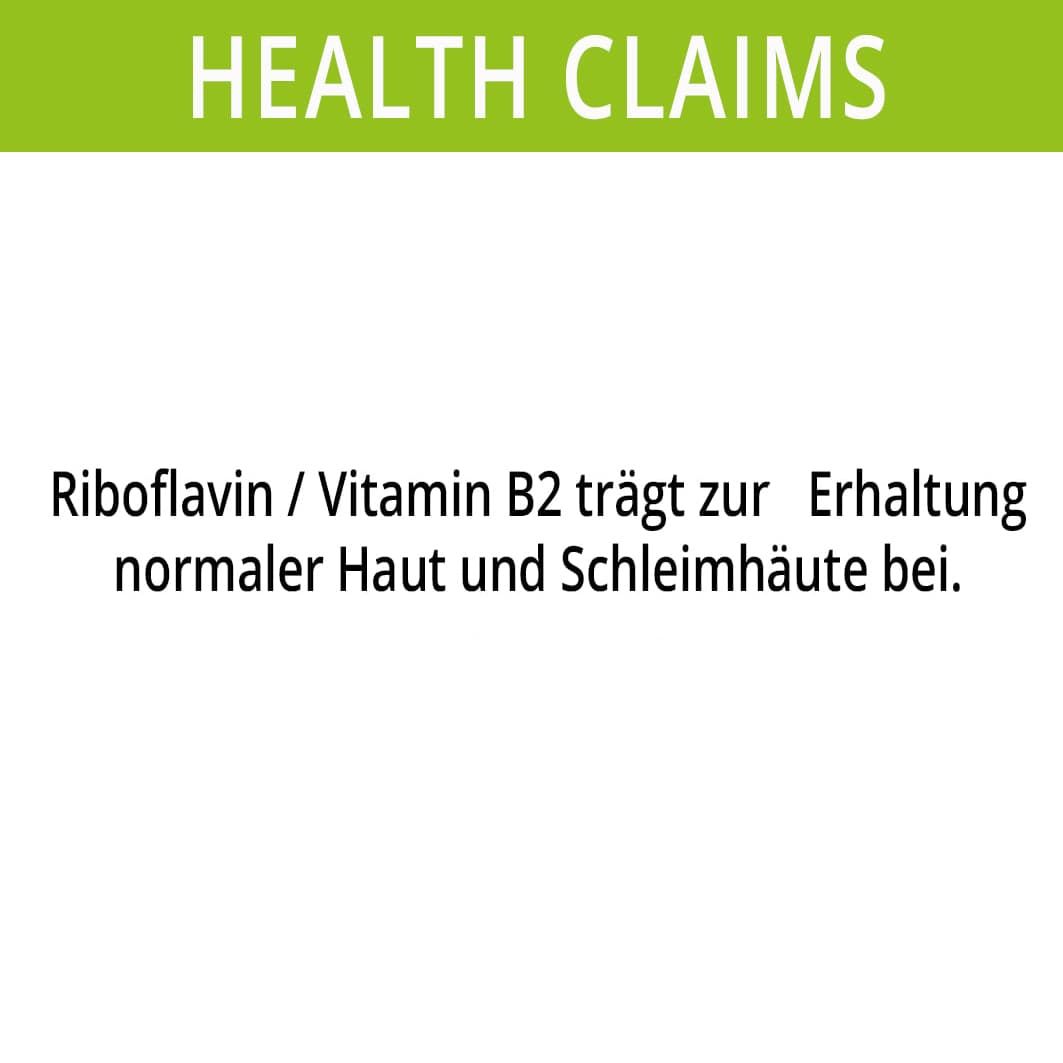 Text: Riboflavin (Vitamin B2) trägt zur Erhaltung normaler Haut und Schleimhäute bei. Grüner Hintergrund.