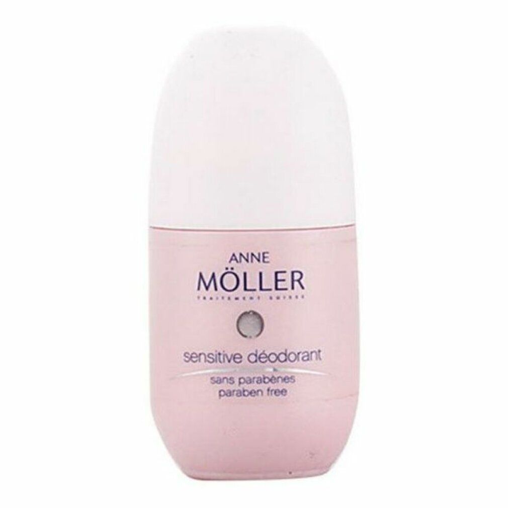 Rosa Roll-on-Deodorant mit weißem Deckel. Aufschrift: ANNE MÖLLER, sensitive deodorant, sans parabènes, paraben free.