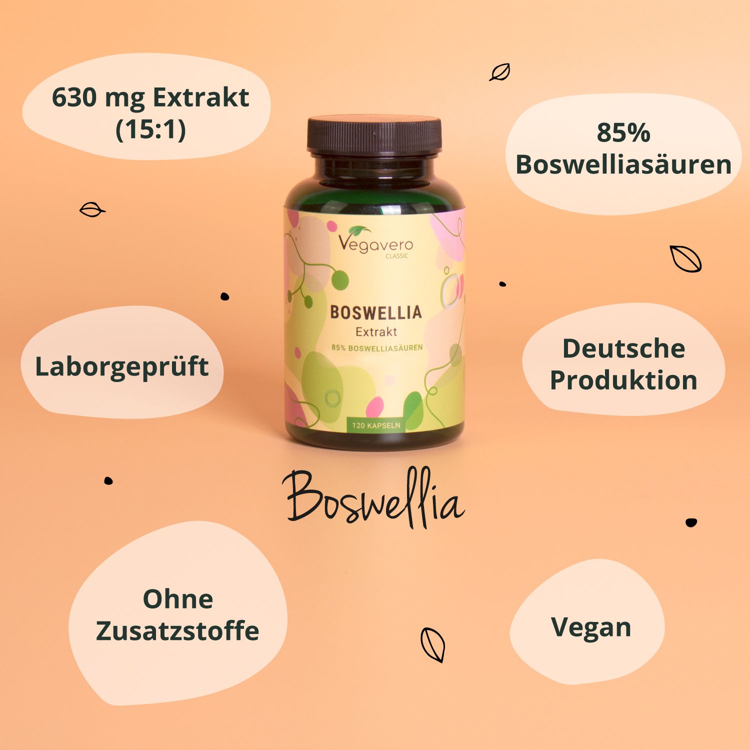 Flasche VEGAVERO Boswellia Extrakt, umgeben von Icons und Text. Text: 630 mg Extrakt, 85% Boswelliasäuren, Laborgeprüft, Deutsche Produktion, Ohne Zusatzstoffe, Vegan.