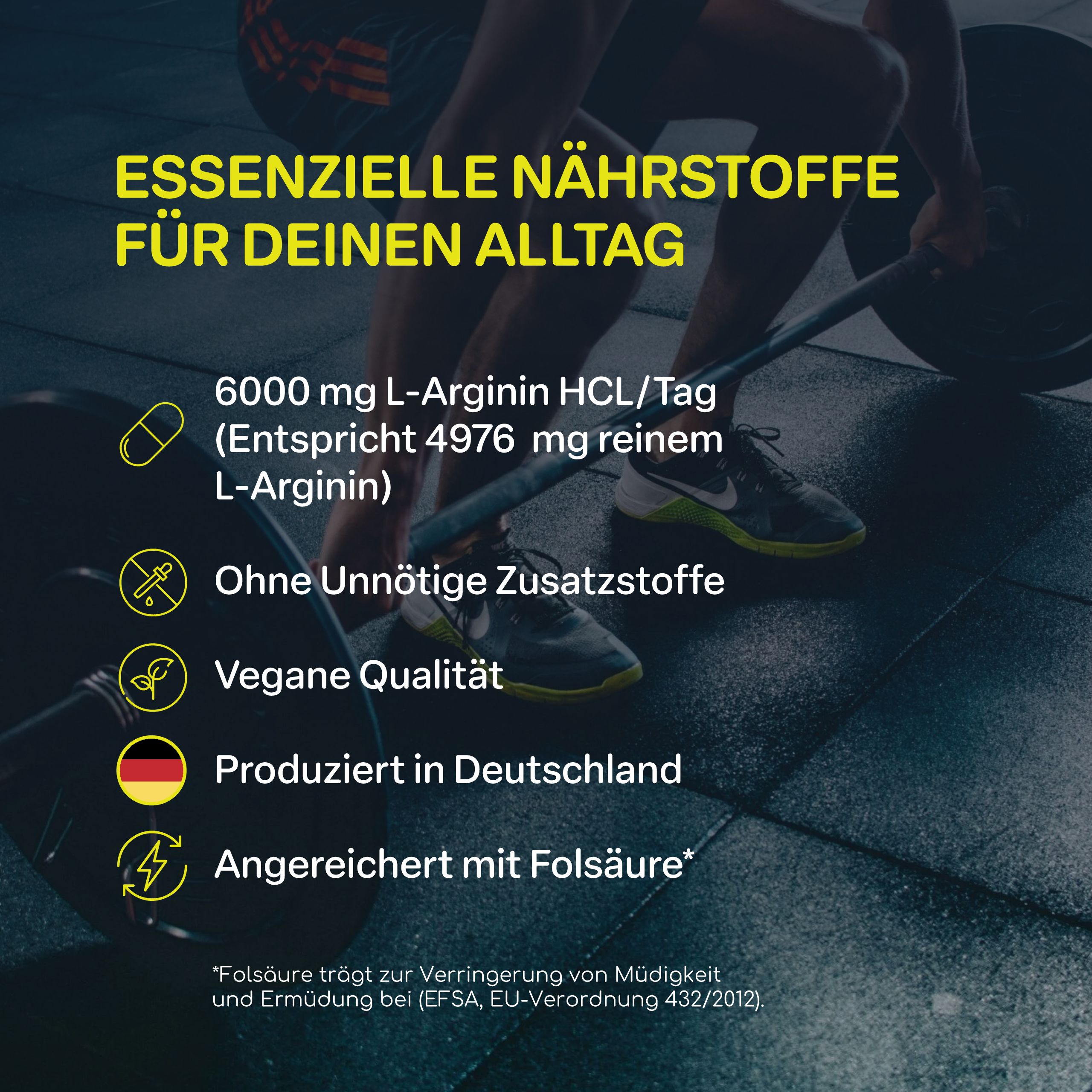 Braune Flasche mit weißem Etikett. Aufschrift: Raibu natural, L-Arginin 6000, 365 Kapseln. Vegan-Siegel.