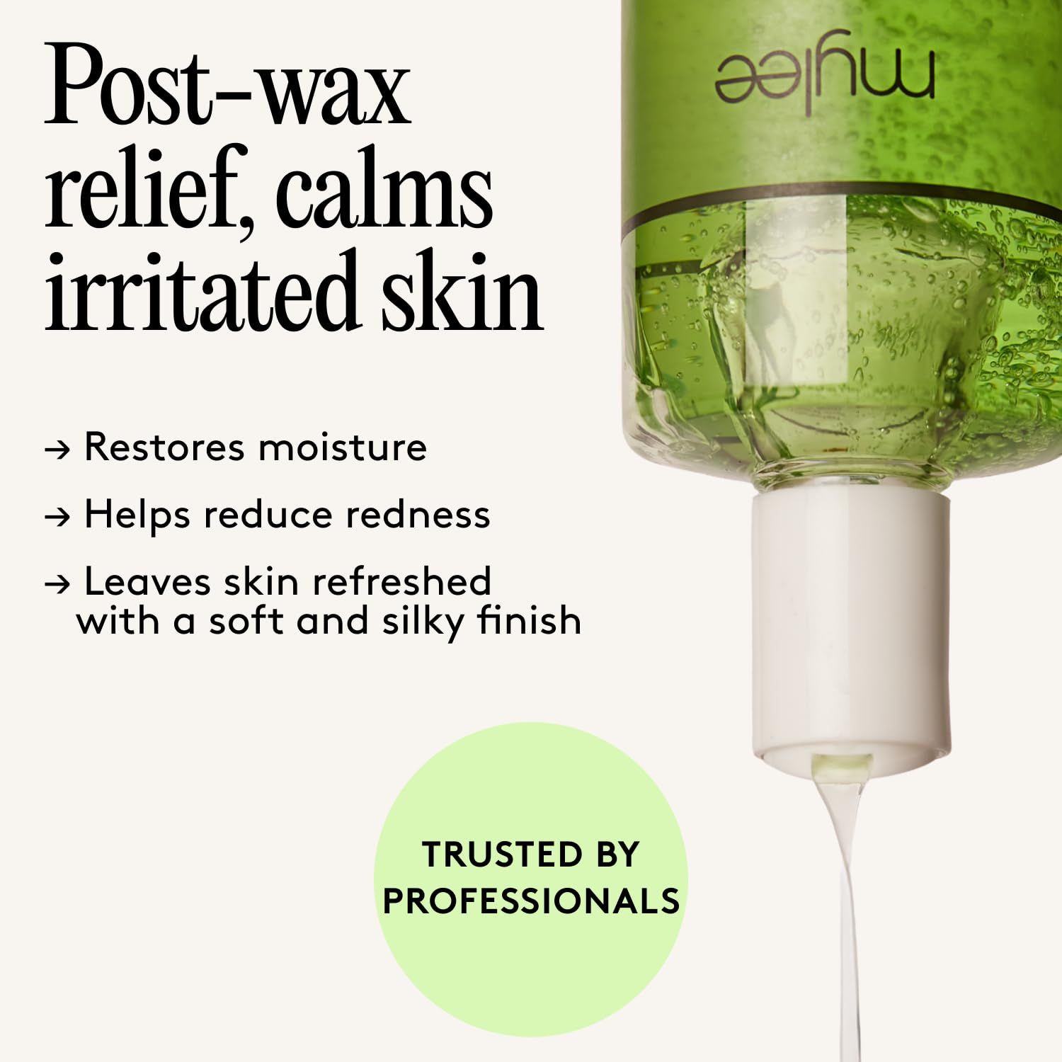 Aloe Vera Gel wird aus der Flasche gegossen. Text: Post-Wax-Linderung, beruhigt gereizte Haut. Stellt Feuchtigkeit wieder her, hilft Rötungen zu reduzieren, erfrischt die Haut.