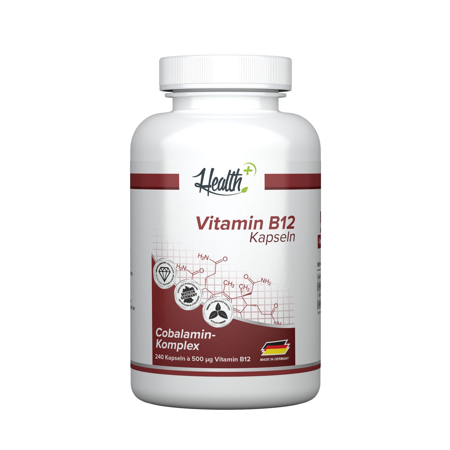 Weiße Flasche mit rotem Etikett. Aufschrift: Health+ Vitamin B12 Kapseln. Enthält 240 Kapseln. Hergestellt in Deutschland.