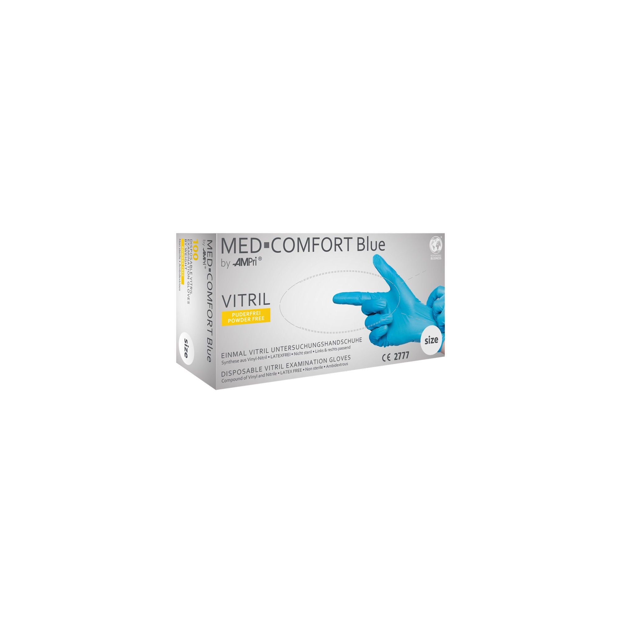 Verpackung für MED-COMFORT Blue Vitril Untersuchungshandschuhe.