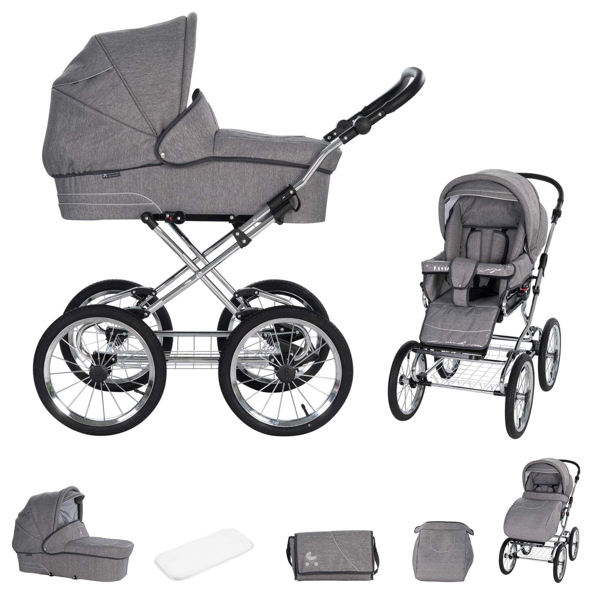 Friedrich Hugo München 2 in 1 Kombikinderwagen Nostalgie Kinderwagen, Anthrazit Chrom Schwarz