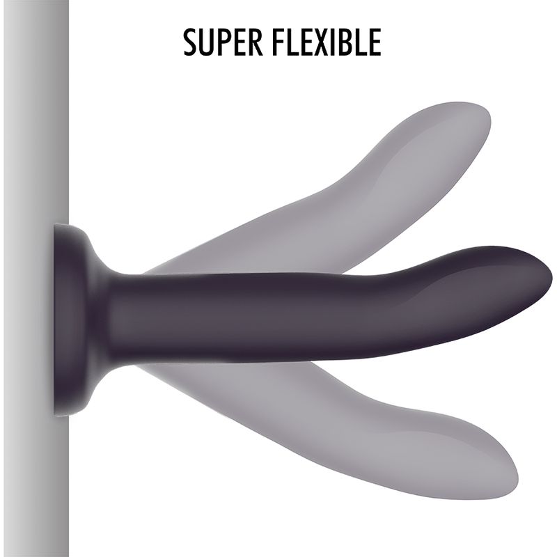 Schwarzer Dildo an einer Wand befestigt. Flexibles Design. Aufschrift: SUPER FLEXIBLE.