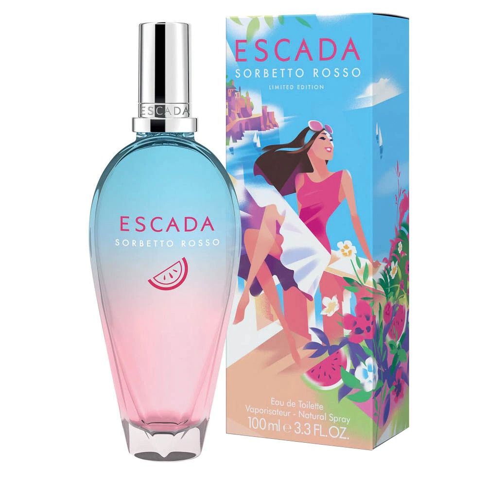 Escada Sorbetto Rosso Eau de Toilette Spray mit passender Verpackung. Flakon mit Farbverlauf von Blau zu Rosa, silberner Verschluss.