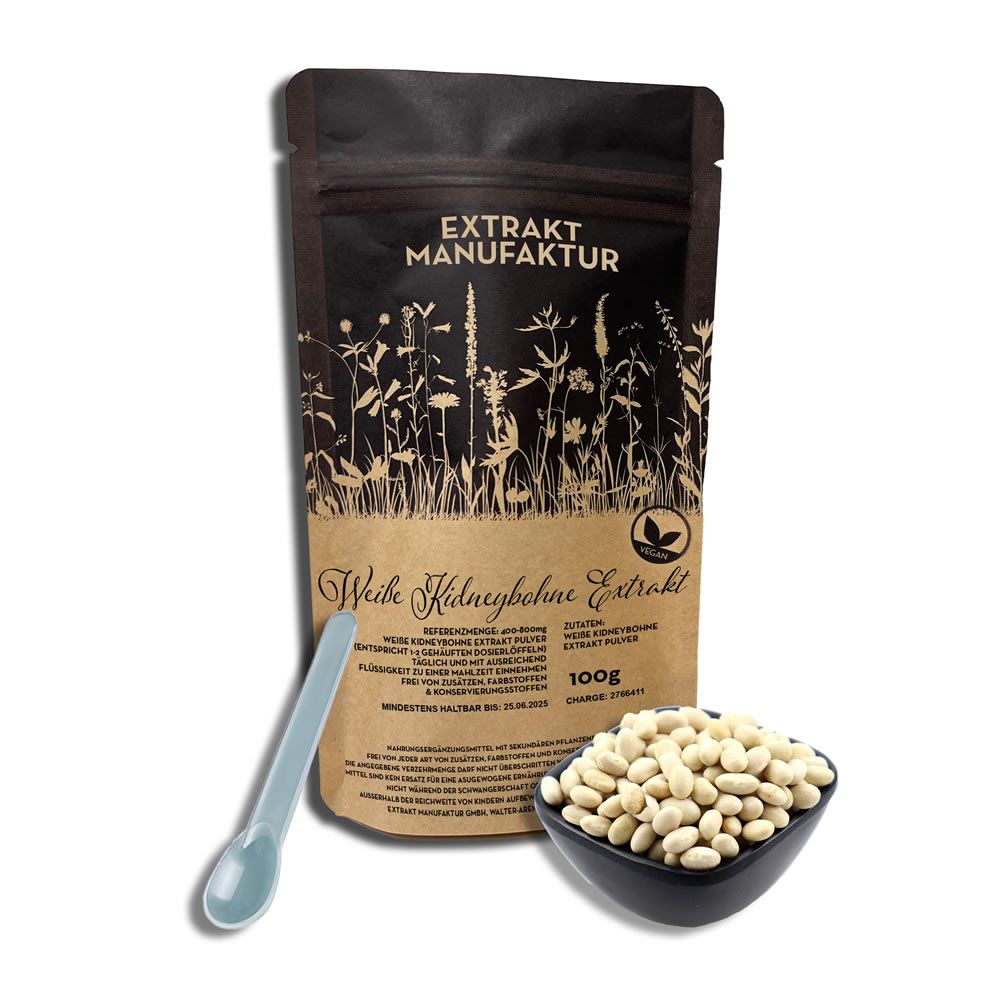 Braune Standbeutel, Schale mit weißen Bohnen, Löffel. Text: Extrakt Manufaktur, Weiße Kidneybohne Extrakt, 100g.