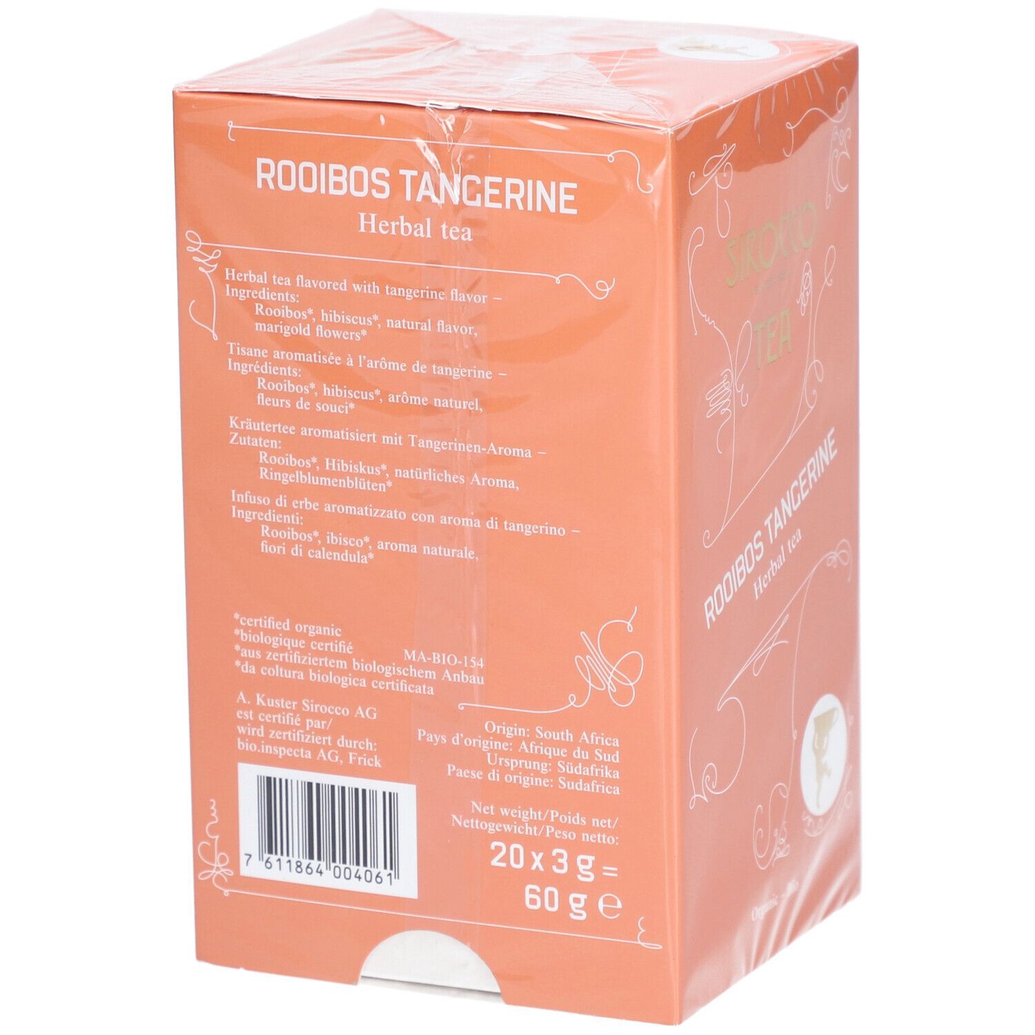 Verpackung mit Text: Rooibos Tangerine, Kräutertee. Zutatenliste, Ursprungsland Südafrika. Barcode und Gewicht.