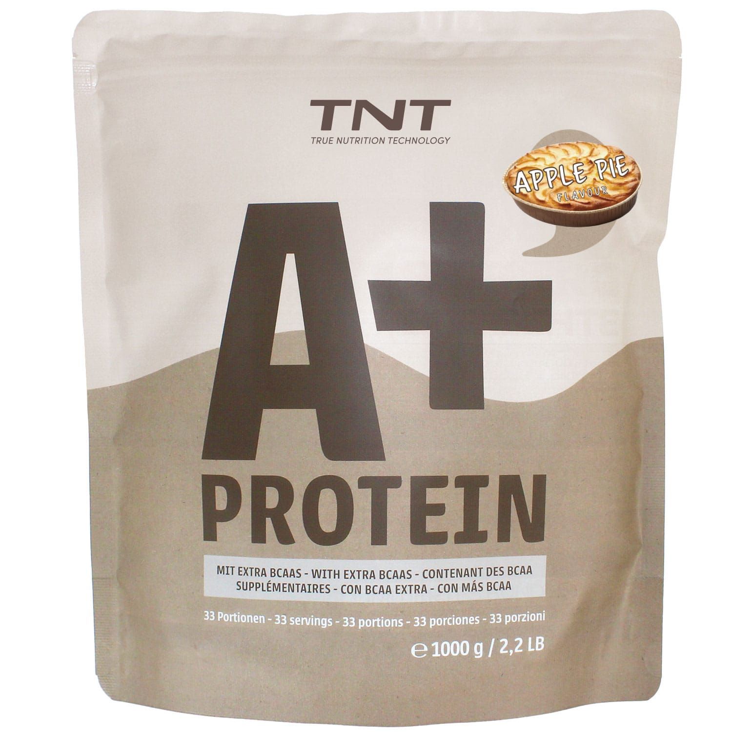Beutel TNT A+ Protein, Apfelkuchen-Geschmack. Großes A+ Protein-Logo. Text: Mit extra BCAAs, 33 Portionen, 1000 g.