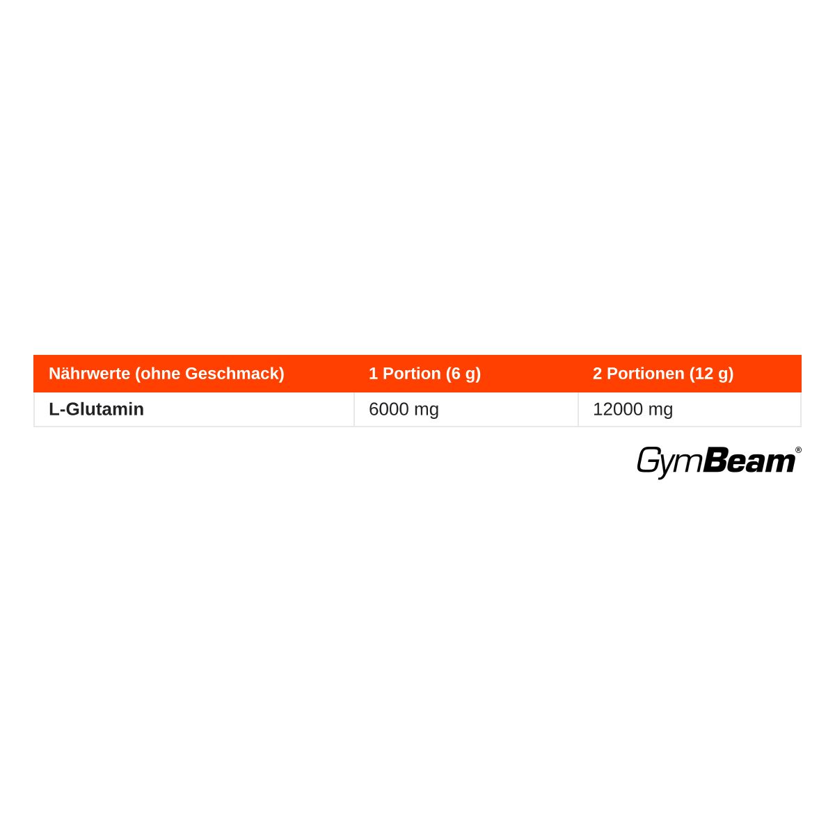 Nährwerttabelle für GymBeam L-Glutamin: 6000 mg pro 6g Portion.
