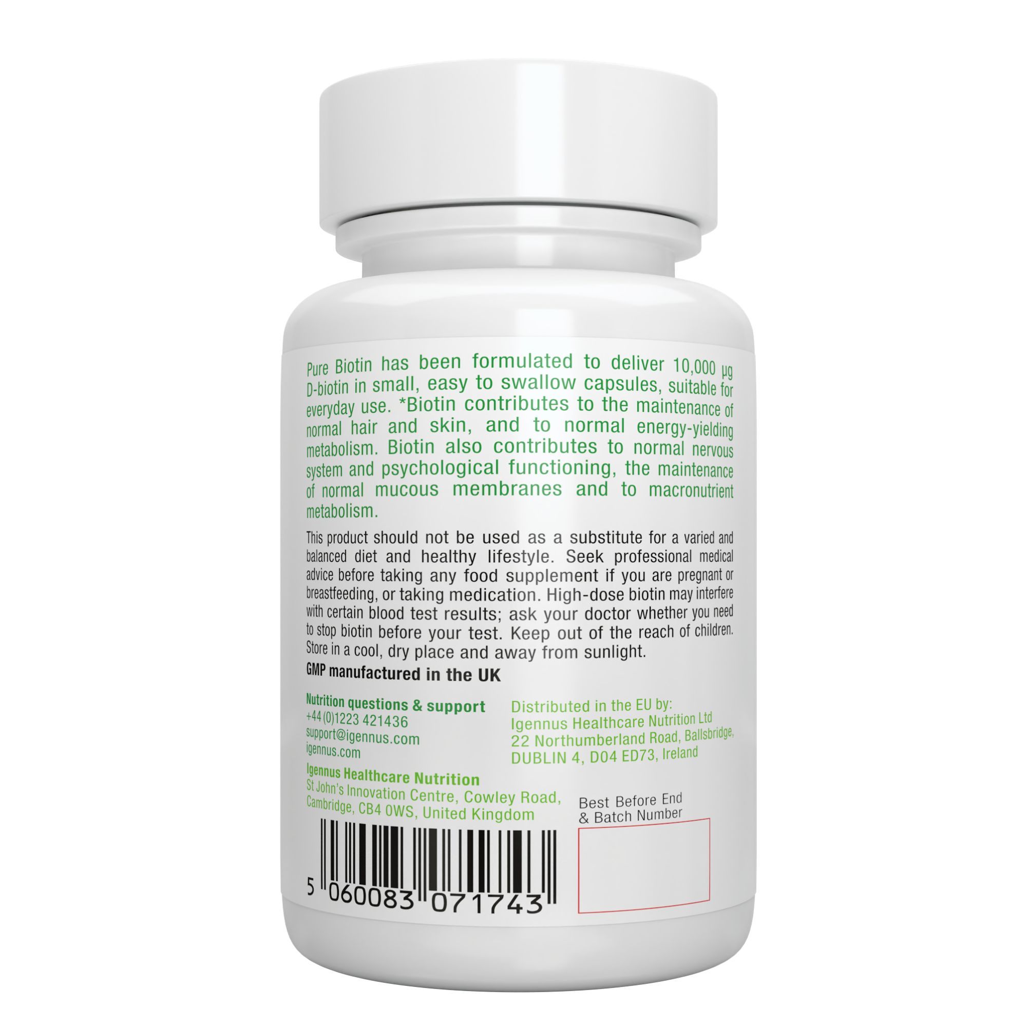 Rückseite der Flasche Pure Biotin. Text über die Vorteile von Biotin. Kontaktinformationen und Chargennummer.