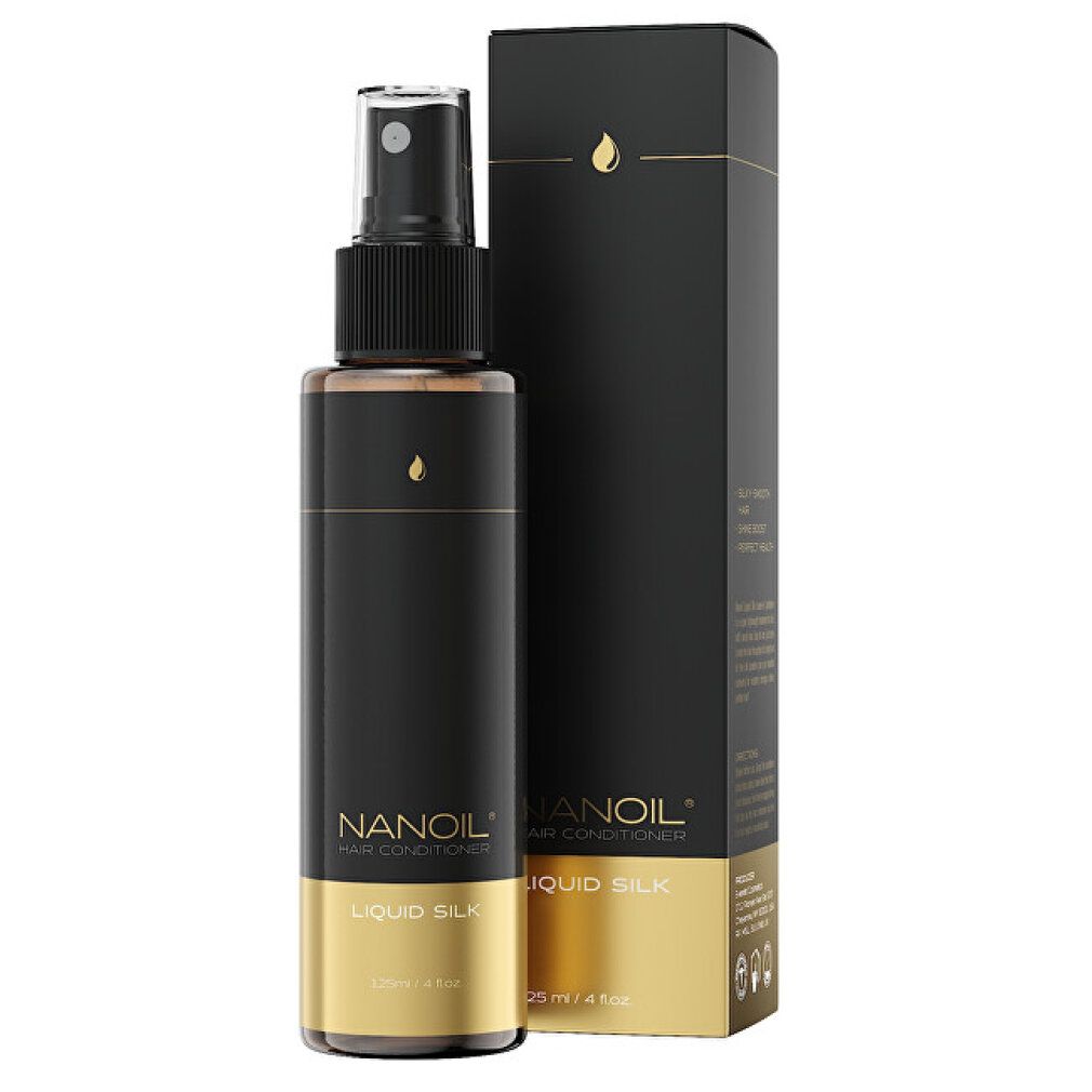 Nanoil Liquid Silk Haarconditioner in schwarzer Sprühflasche mit goldener Banderole und Umverpackung.
