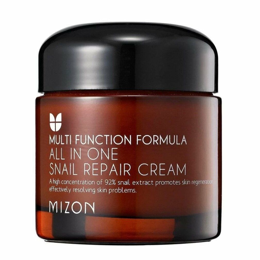 Braune Creme-Dose mit schwarzem Deckel. Aufschrift: Multi Function Formula All In One Snail Repair Cream. Marke: MIZON.