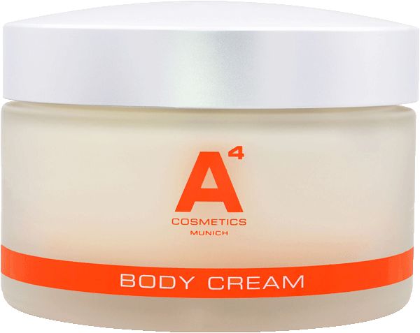 Cremebehälter mit weißem Deckel und orangefarbenem Streifen. Aufschrift: A4 Cosmetics, Body Cream.