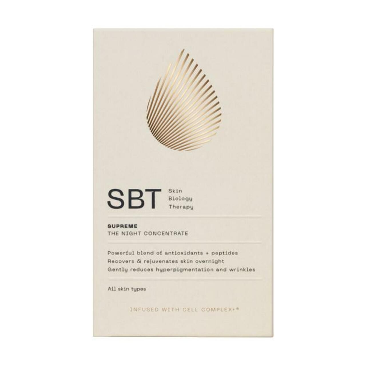 Verpackung mit SBT-Logo und Text. Aufschrift: SBT, The Night Concentrate. Skin Biology Therapy. Tropfen-Logo. Text.