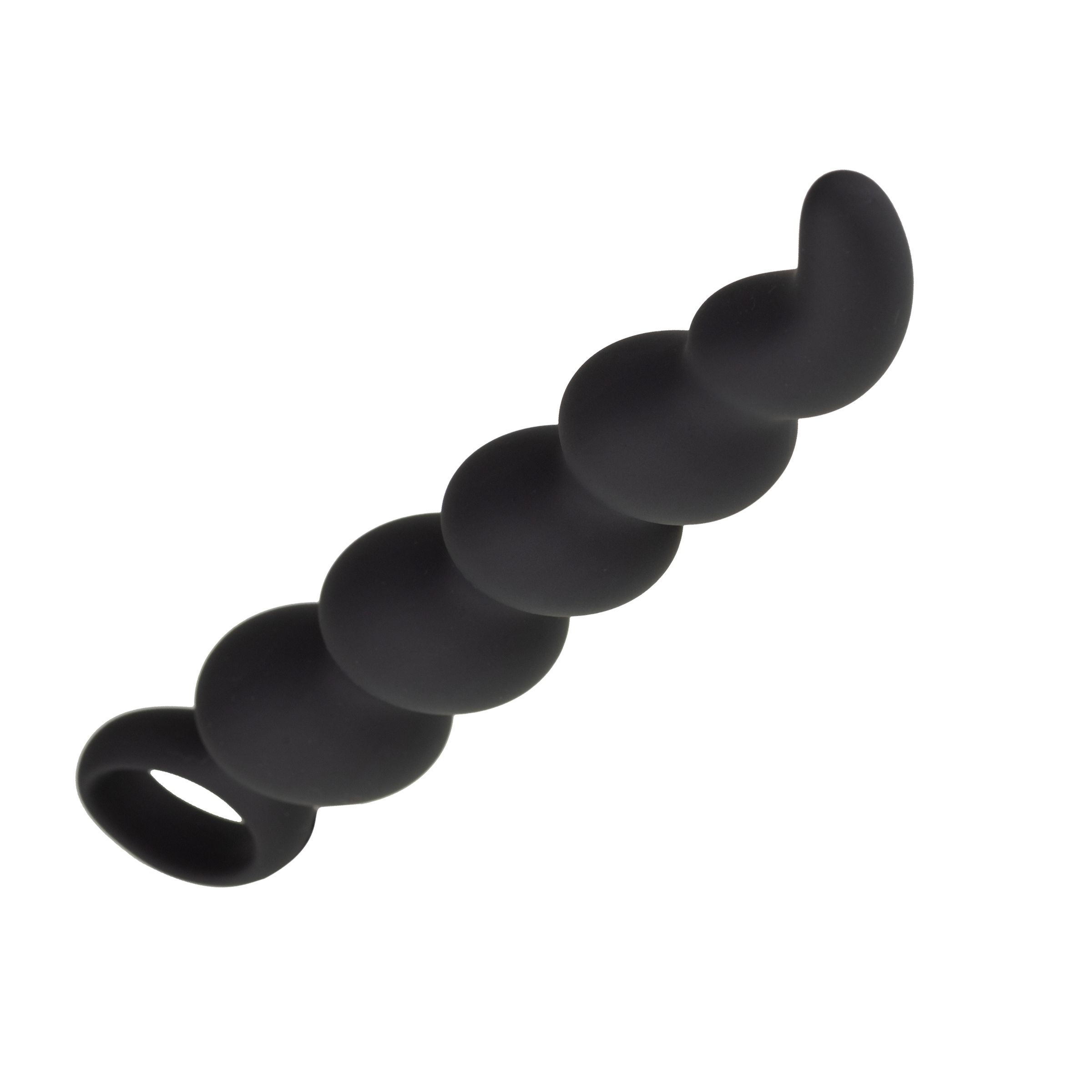 Schwarzes, spiralförmiges Wellness-Produkt mit sechs kugelförmigen Elementen und einem Ring am Ende.