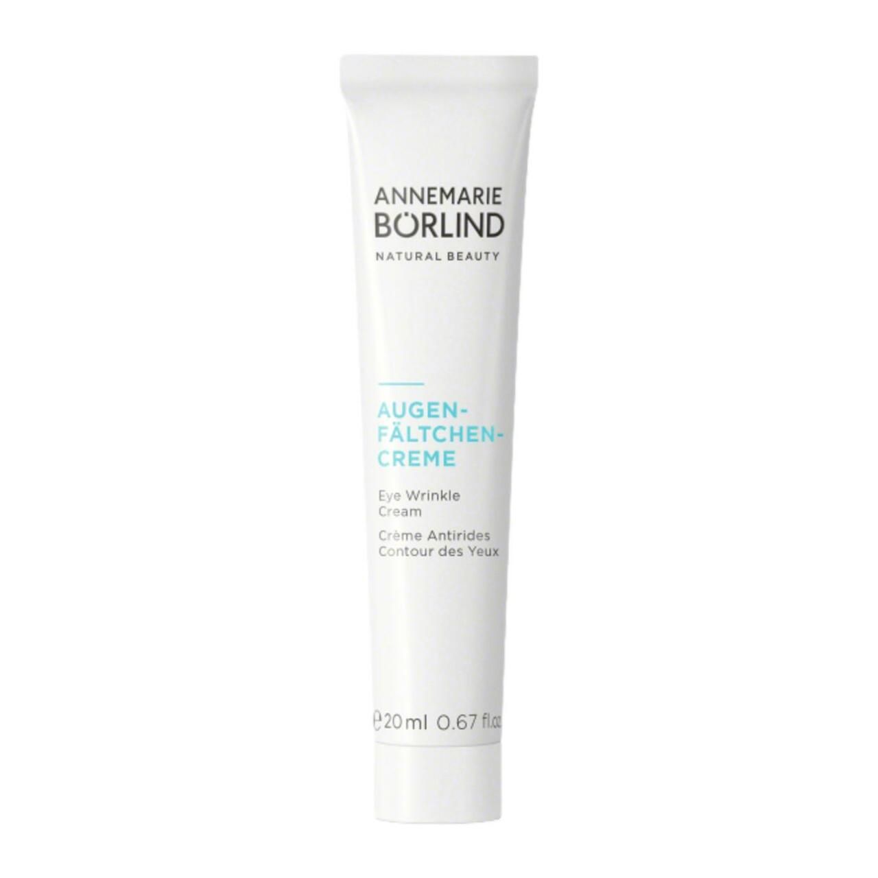 Creme-Tube. Marke: ANNEMARIE BÖRLIND. Produkt: AUGEN-FÄLTCHEN-CREME. Weiße Tube mit blauer Schrift. 20 ml.