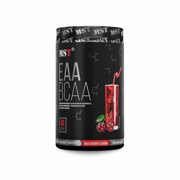 Schwarze Dose mit MST EAA BCAA. Abbildung eines Getränks mit Kirschen. 40 Portionen. Wild Cherry Flavour.