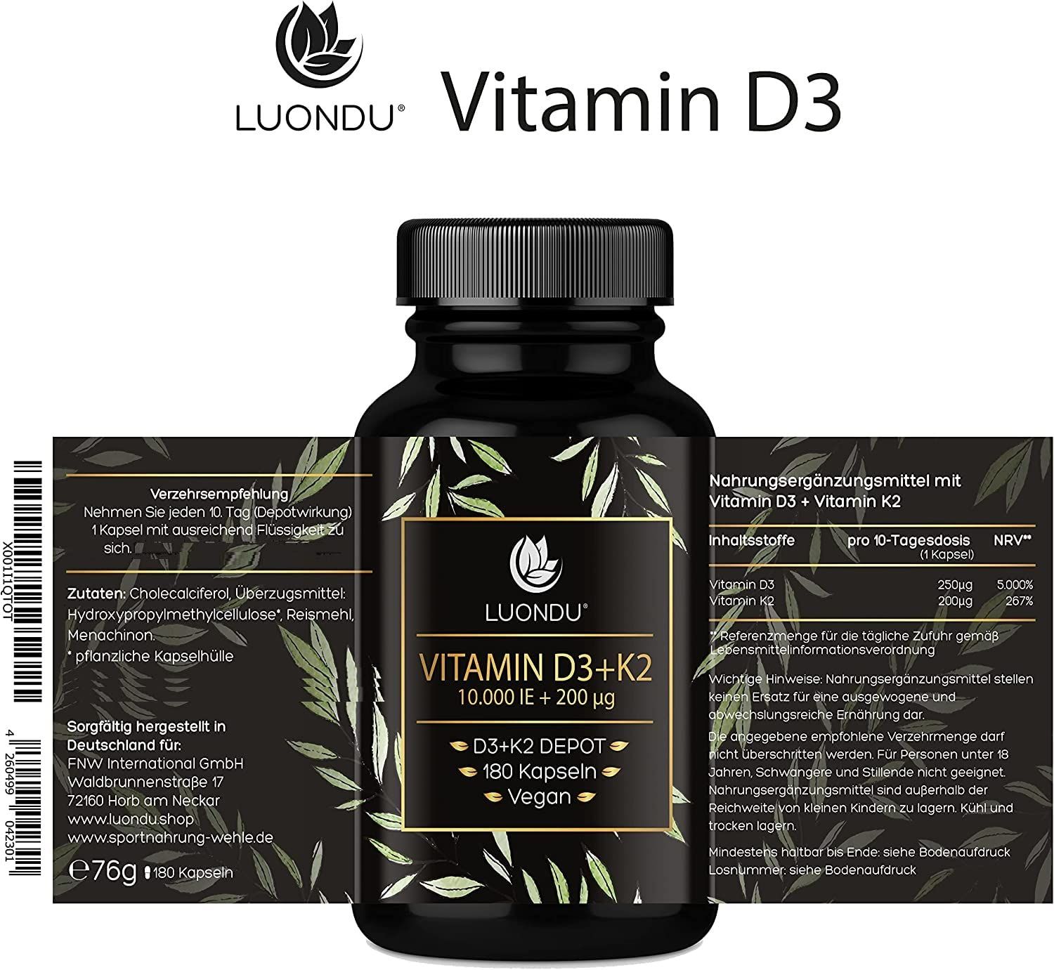 Vitamin D3 K2 Hochdosiert - 180 Kapseln - 10000 IE - Luondu®