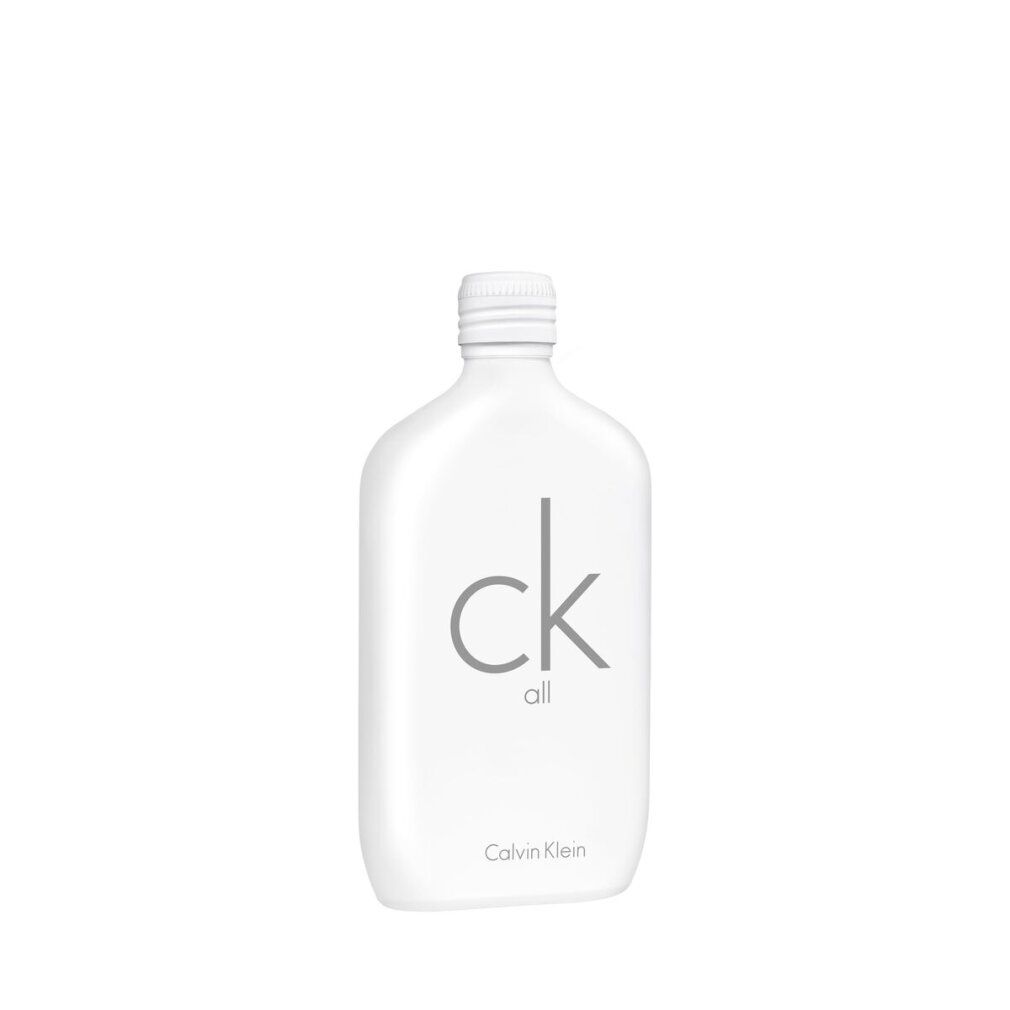 Weiße Flasche mit Aufschrift 'ck all' und 'Calvin Klein'.