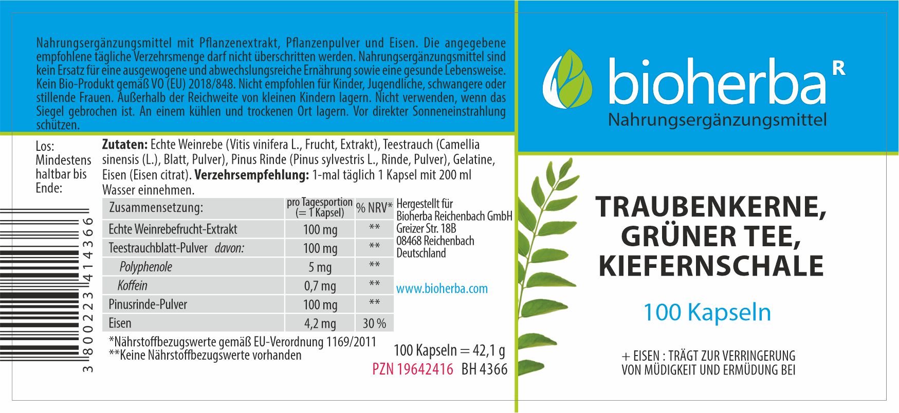 Etikett mit blauem Streifen, weißer Schrift: Bioherba, Traubenkerne, Grüner Tee, Kiefernschale, 100 Kapseln. Zutatenliste, Verzehrempfehlung, Nährwertangaben.