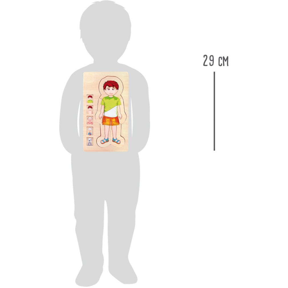 Holzpuzzle Anatomie Junge. Puzzle mit Körperteilen, Illustrationen von Organen und Skelett. Holzfarben.