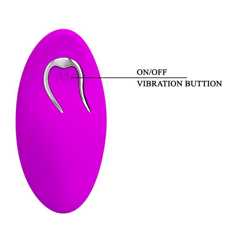 Lila Fernbedienung mit Ein/Aus-Taste und Beschriftung. Weißer Innenraum.