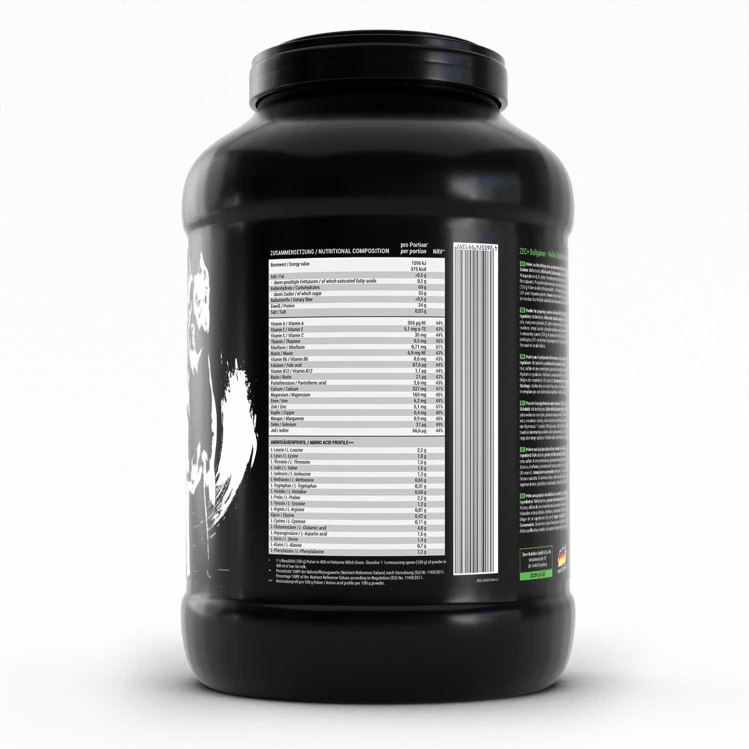 Schwarzer Behälter, Rückseite mit Nährwertangaben und Barcode. Hundegrafik.