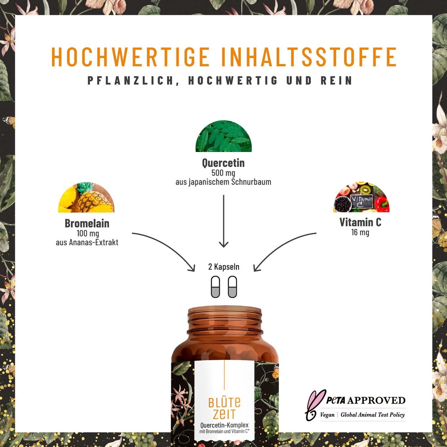 Grafik mit Inhaltsstoffen: Quercetin, Bromelain, Vitamin C. Flasche "Blütezeit" im Vordergrund. PETA-Siegel.