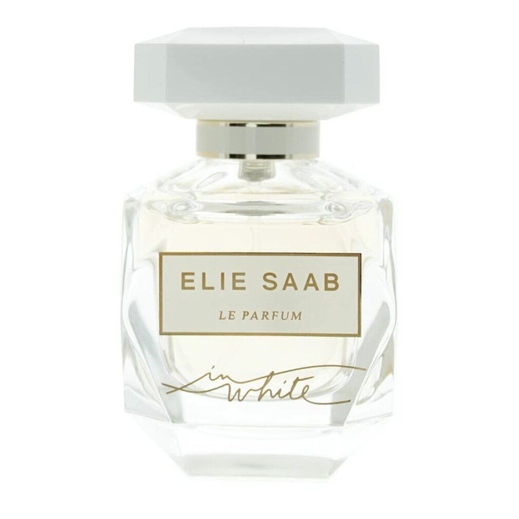 Parfümflakon mit weißem Deckel und goldfarbenem Etikett. Schriftzug: ELIE SAAB LE PARFUM in white.