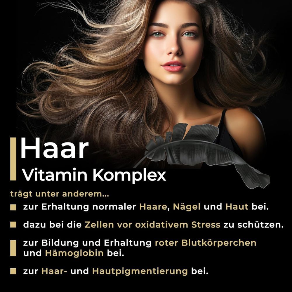 Flasche 'Haar Vitamin Komplex', 28 Vitamine, Mineralien, Spurenelemente, Aminosäuren & Pflanzenextrakte.