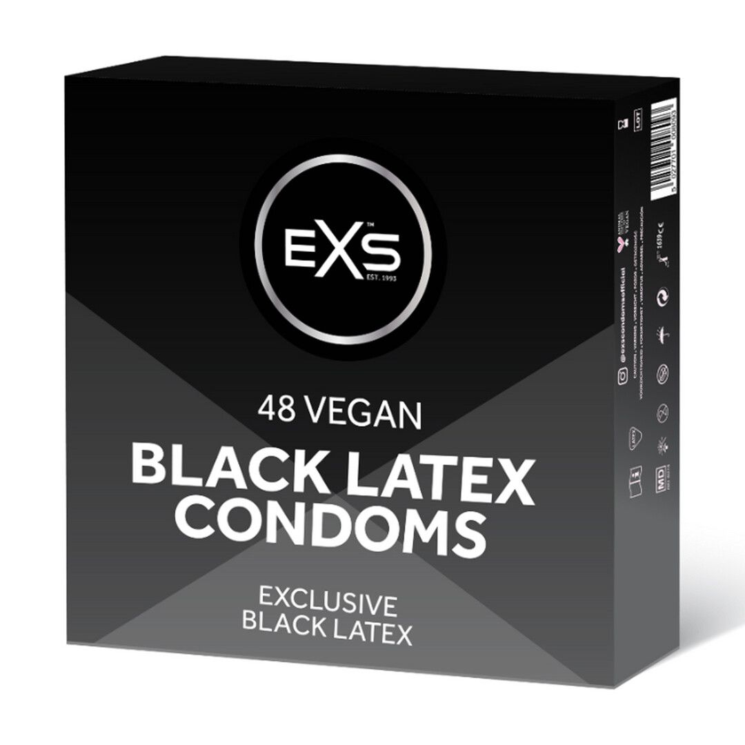 Vorderseite der Verpackung: 48 EXS Black Latex Kondome, vegan, exklusiver schwarzer Latex.