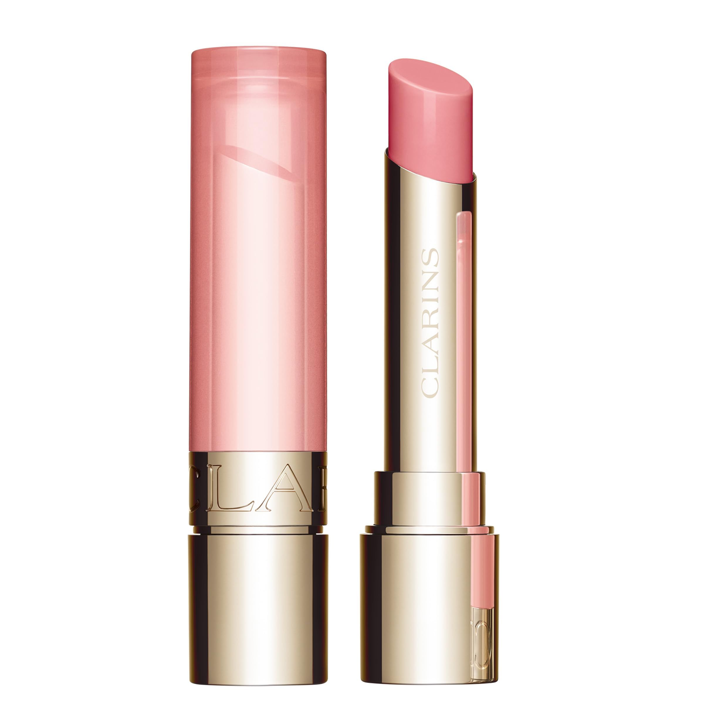 Lippenbalsam mit rosa Stift und Hülle. Marke Clarins sichtbar. Geöffnet und geschlossen dargestellt.