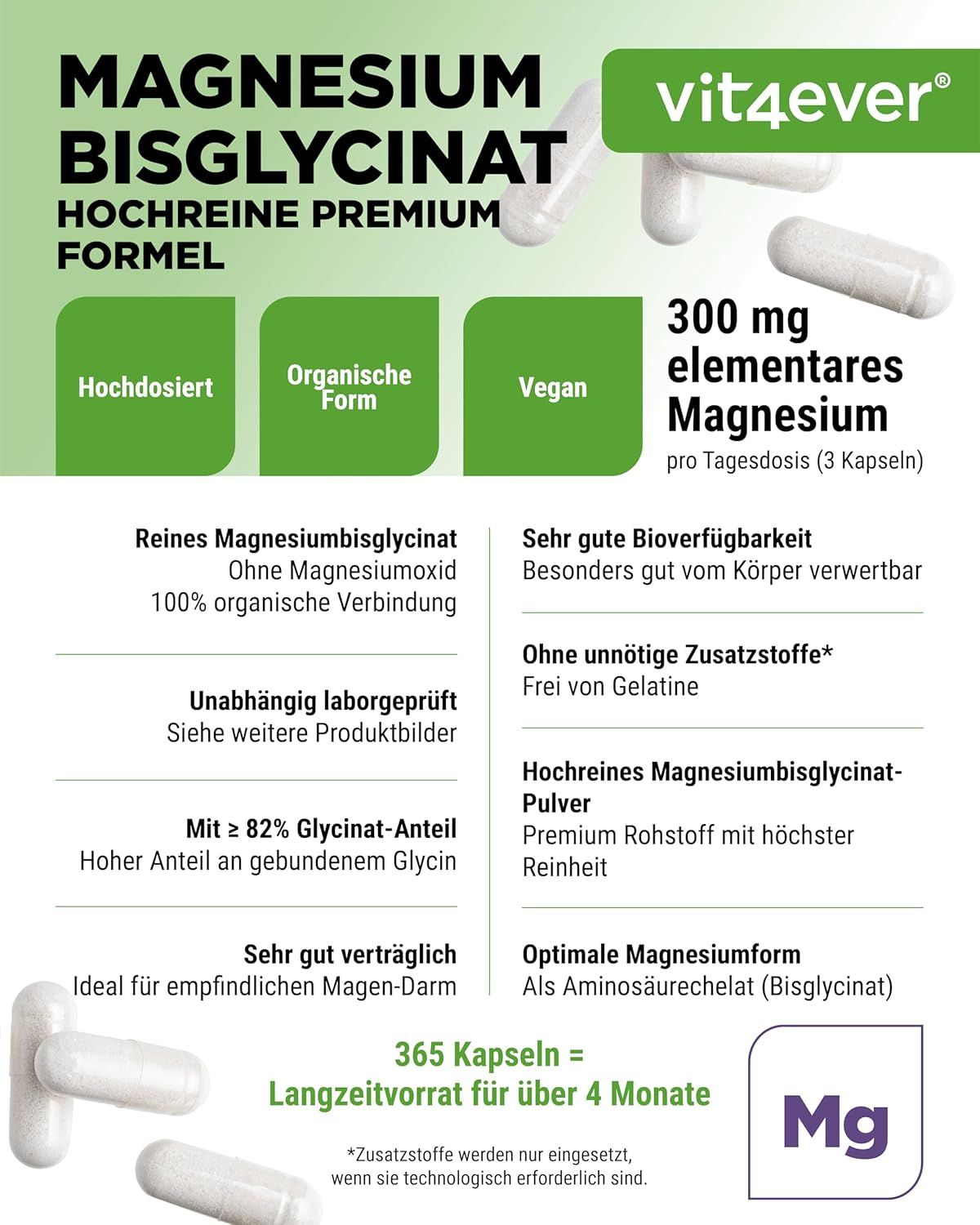 Vit4ever Magnesium Bisglycinat: Hochreine Premium Formel, 365 Kapseln.