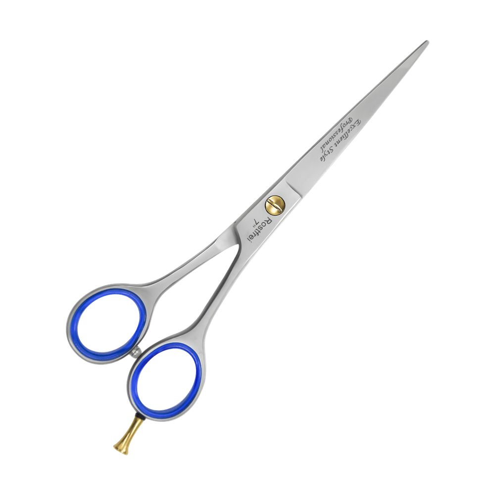 Friseurschere mit glatter Klinge, blauen Gummigriffen und goldfarbenem Akzent. Aufschrift: Excellent Style Professional.