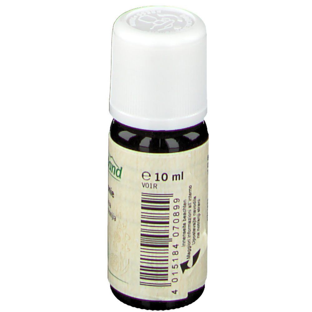 Braune Glasflasche mit weißem Deckel. Etikett mit Barcode und Text. Aufschrift: e 10 ml.