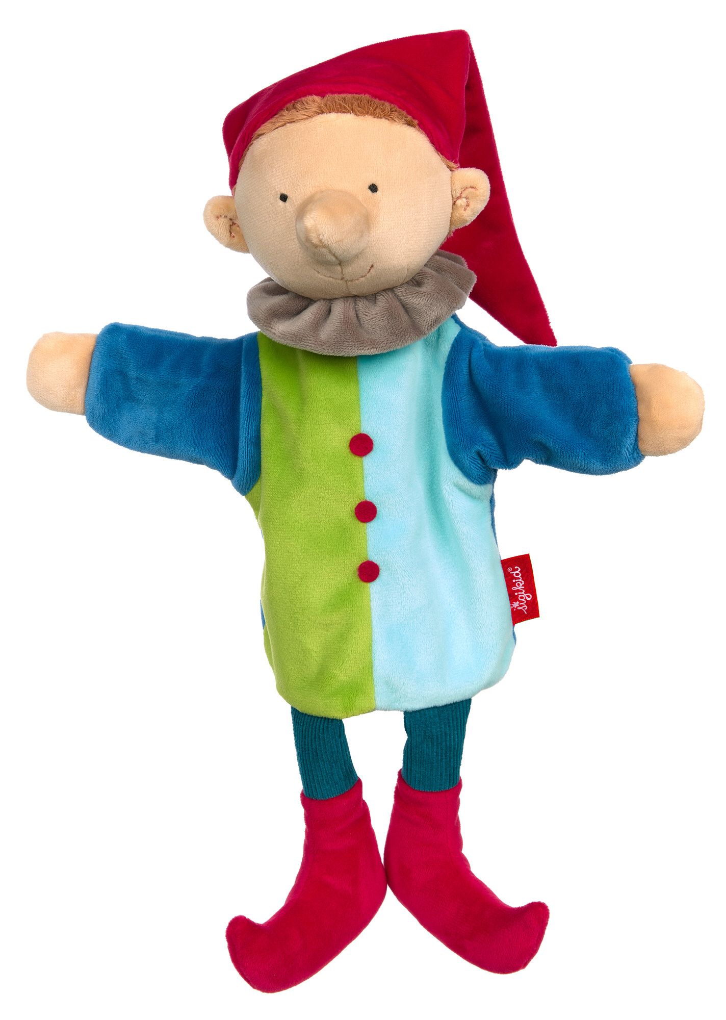 Handpuppe Kasper. Stoffpuppe mit roter Zipfelmütze, blauem und grünem Oberteil, roter Schuhe. Marke sigikid.