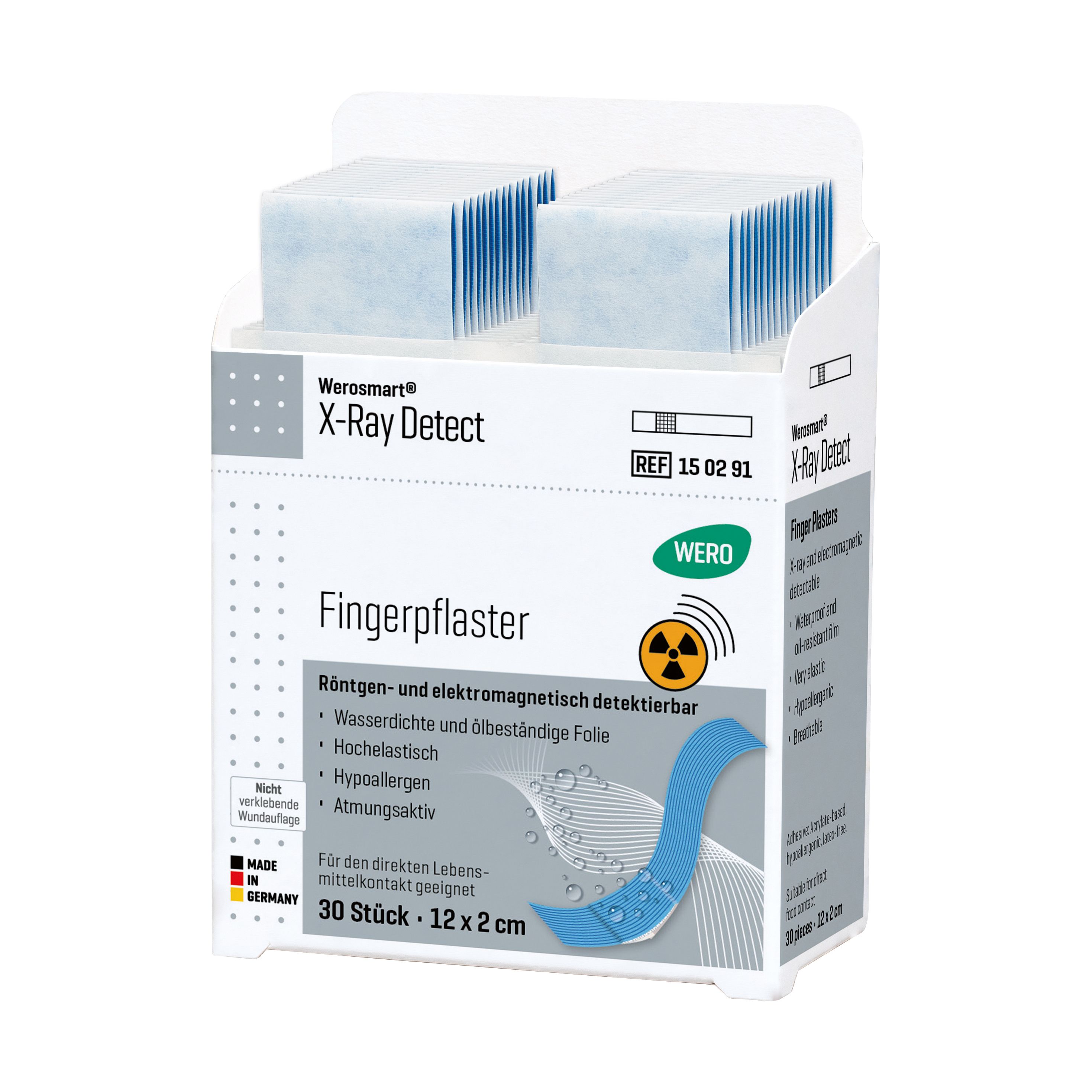 Fingerpflaster-Packung. Werosmart X-Ray Detect. 30 Stück, 12x2 cm. Röntgen- und elektromagnetisch detektierbar. Wasserfest.